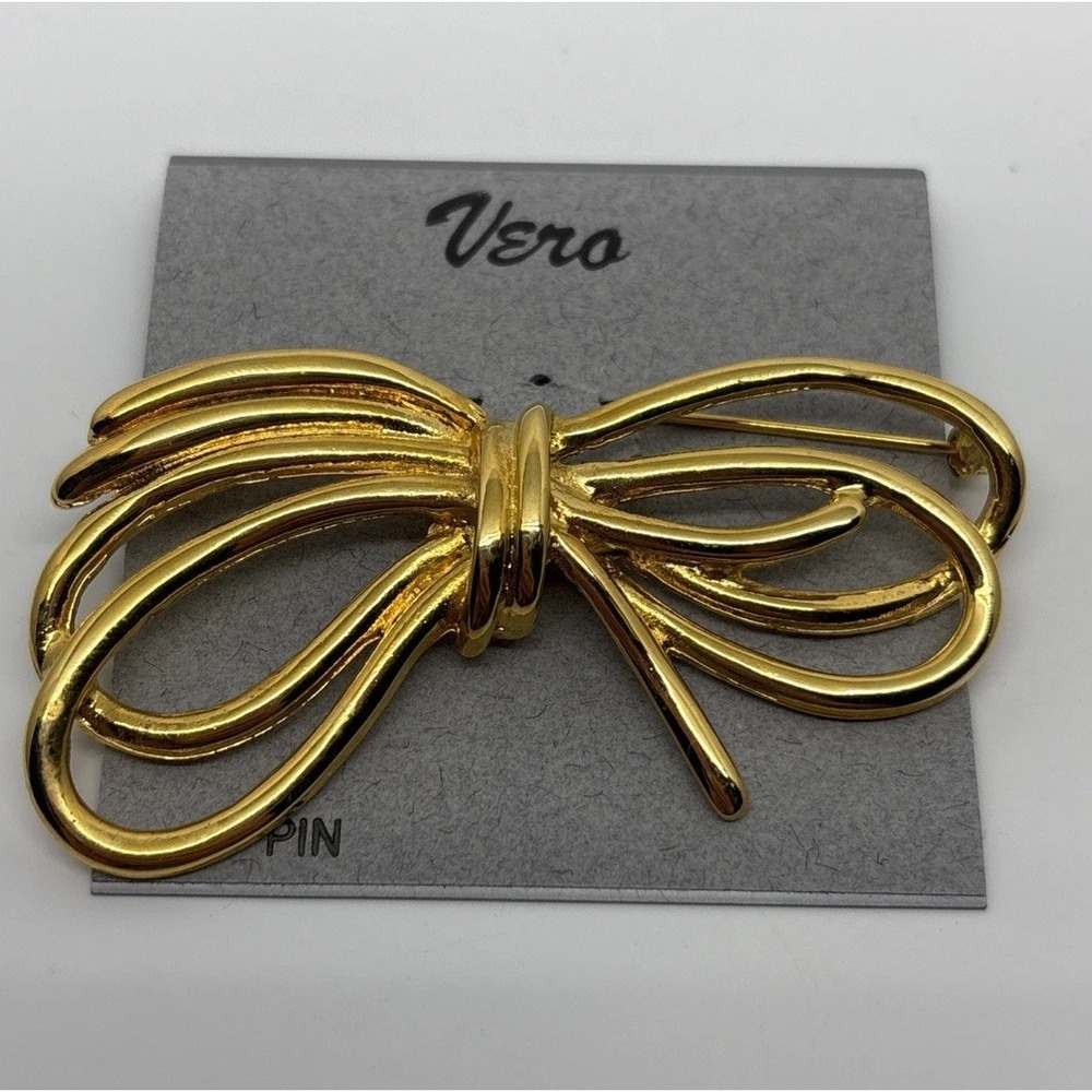 Gold Tone Metal Lapel Brooch Gold Color Ribbon Bow Pin VERO New 2.5" x 1.5"